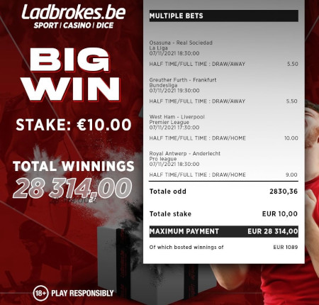 Un joueur gagne 28 314 € en pariant avec Ladbrokes