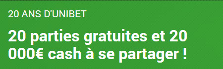 20 parties gratuites et 20.000 € cash pour les 20 ans d'Unibet